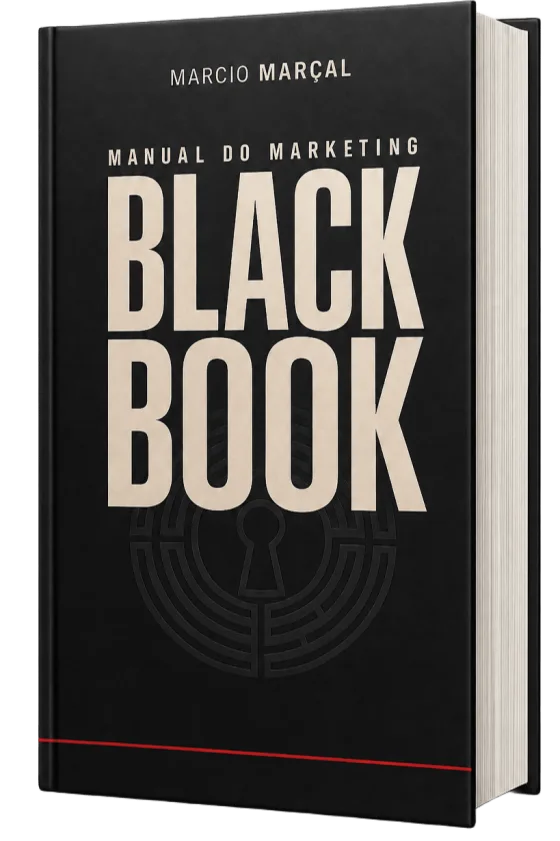 Mockup do livro Manual do Marketing Black Book, com capa e lombada em perspectiva